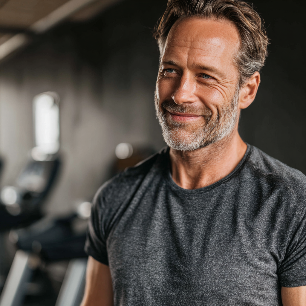 Boldog középkorú magyar férfi edzés közben, mosolyogva